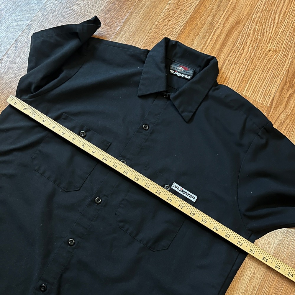 Slikster Y2K Black Work Shirt Spade Skeleton Ribcage VTG Short Sleeve L USA - Picture 4 of 5